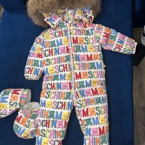 Moschino Multicolor Letter Print Snowsuit with Fur Trim